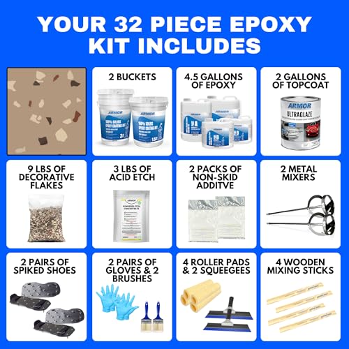 Garage Epoxy Floor Kit – 100% Solids - 2 Part Industrial-Grade Coating w/UltraGlaze Topcoat | DIY Slip & Hot Tire Resistant | 300 Sq Ft - Blue - 17 pc kit