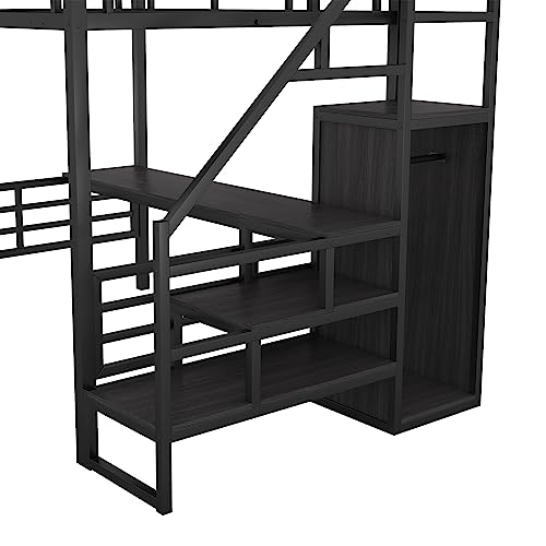 Metal Loft Bed with Desk, Storage Stairs Can Be Installed Left Or Right Full Size Bed Frame Storage Staircase and Small Wardrobe and Full-length Guardrail for Bedroom (White)