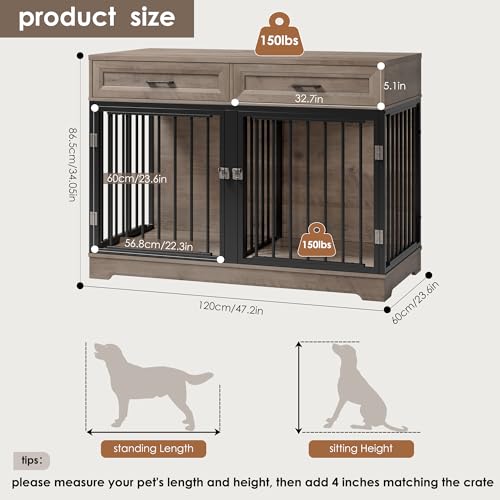 Dog Crate Furniture 47" Wooden Dog Kennels for Dogs Indoor with a Removable Divider for Large/Medium/Small Dogs, 2 Storage Drawers and Large Tabletop Dog Cages Double Doors Dog House, White
