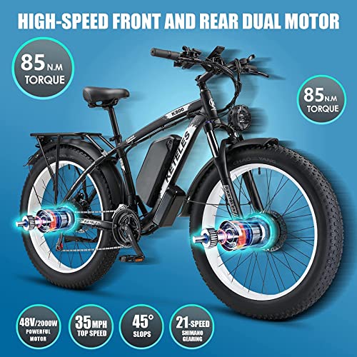 2000W Fashion Electric Bike Dual Motor Ebike Adults 26" Fat Tire Electric Mountain Bike 48V 23AH Removable Battery 35 MPH 21 Speed Hydraulic Disc Brake
