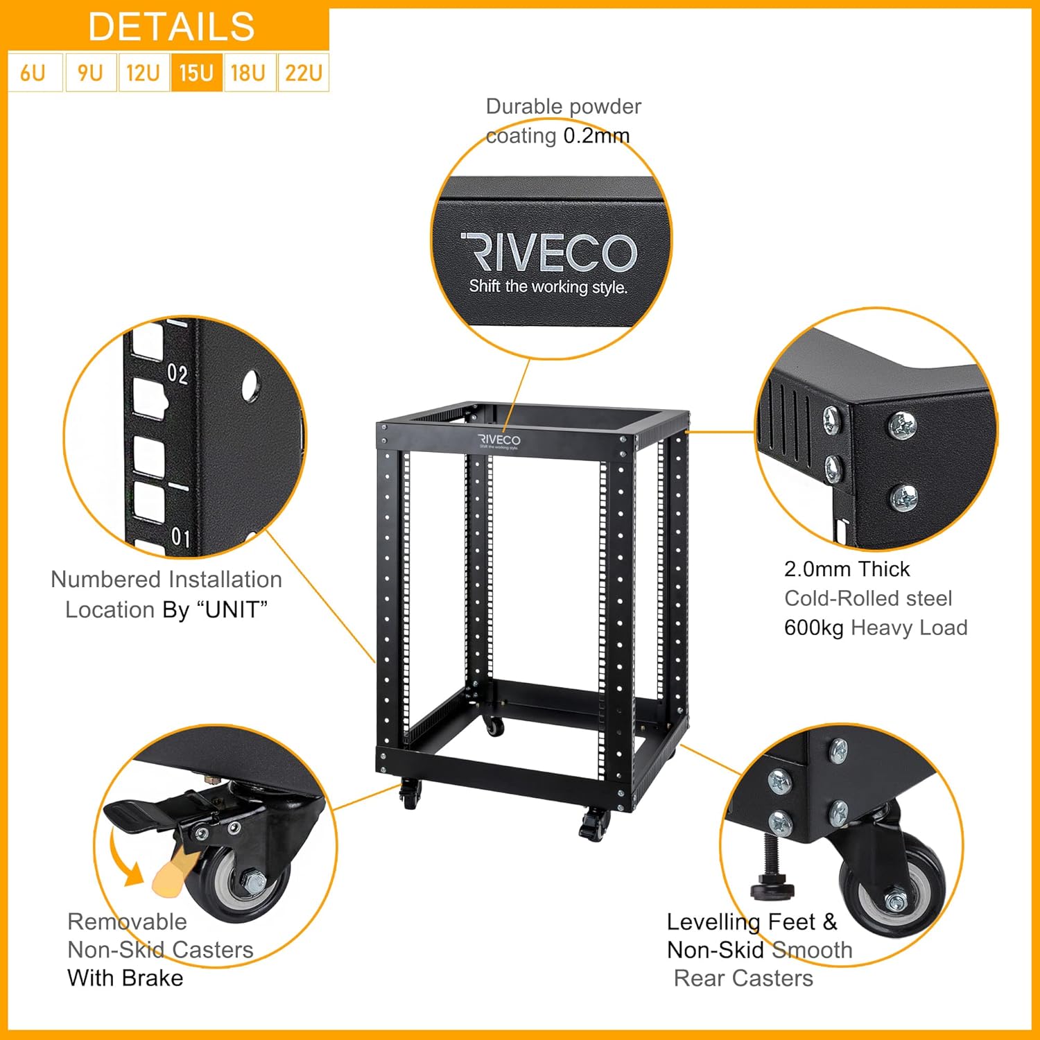 RIVECO 9U Open Frame Server Rack with Casters- Heavy Duty 4 Post Quick Assembly 19-inch, Stereo Rack Network Cabinet Black