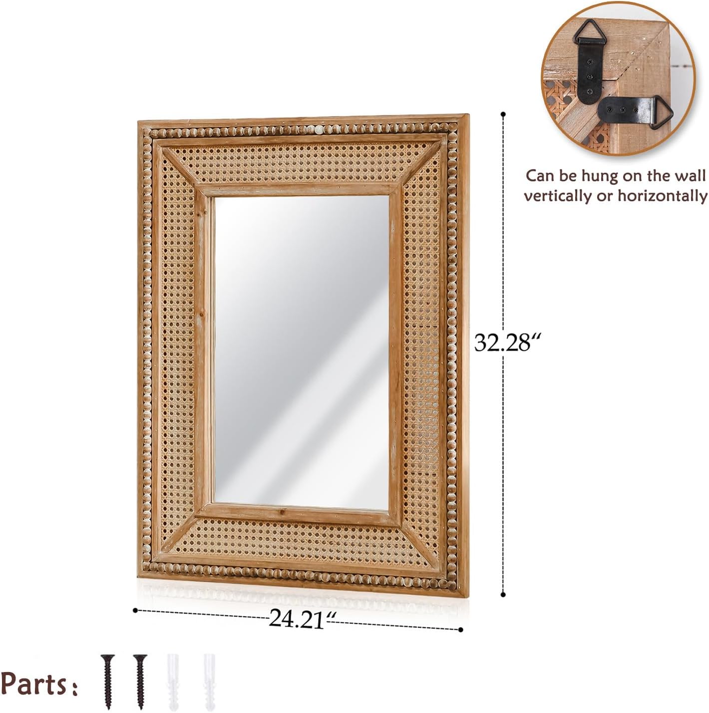 Boho Rattan Wall Mirror Wooden Framed Rectangle Mirror Wood Decorative Farmhouse Hanging Mirror for Bathroom Vanity Entryway Living Room Home Wall Decor - 24.21" x 1.18" x 32.28"