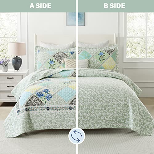 Finlonte Quilts Queen Size Sets, Floral Real Patchwork Blue Grey Farmhouse Plaid 100% Cotton Queen Quilt, Reversible Lightweight Soft Queen Bedspread Quilt Bedding Set, 3-Pieces