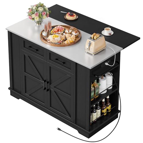 YITAHOME Kitchen Island with Stainless Steel Top & Drop Leaf, 47 Inch Kitchen Island on Wheels with Power Outlet, Rolling Portable Mobile Kitchen Cart w Storage Drawer Cabinet Counter Metal Top, White