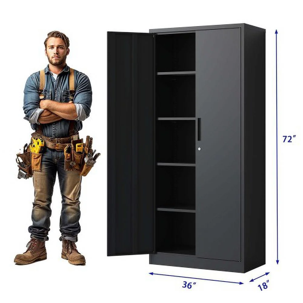 72"H Metal Garage Storage Cabinet, Black Tool Steel Locking Cabinet with Doors and 4 Shelves