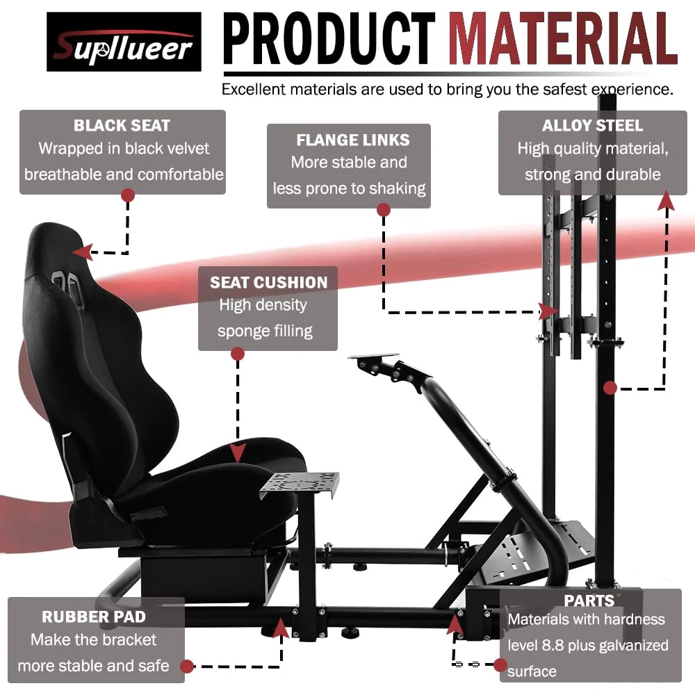 Supllueer G29 Racing Sim Cockpit with TV Stand & Seat Fit Logitech G923 G920 Fanatec Thrustmaster
