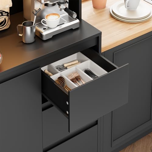 finetones 71" Kitchen Pantry Cabinet with LED Lights and Charging Station, Modern Kitchen Cabinet Hutch Cabinet with Storage and Microwave Stand, Pantry Cabinet Buffet Cabinet with Countertop, Black