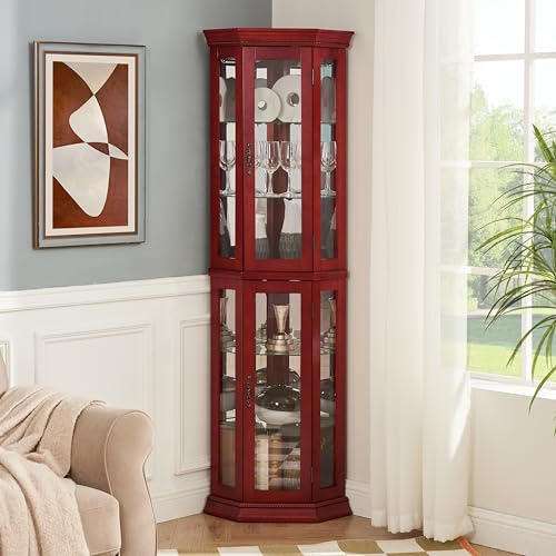 Corner Curio Cabinet Lighted Display 69.59 inch with Glass Doors & 4 Adjustable Glass Shelves & Classical Metal Handles - Perfect for Collectibles,Cherry(Light Bulbs are Included)