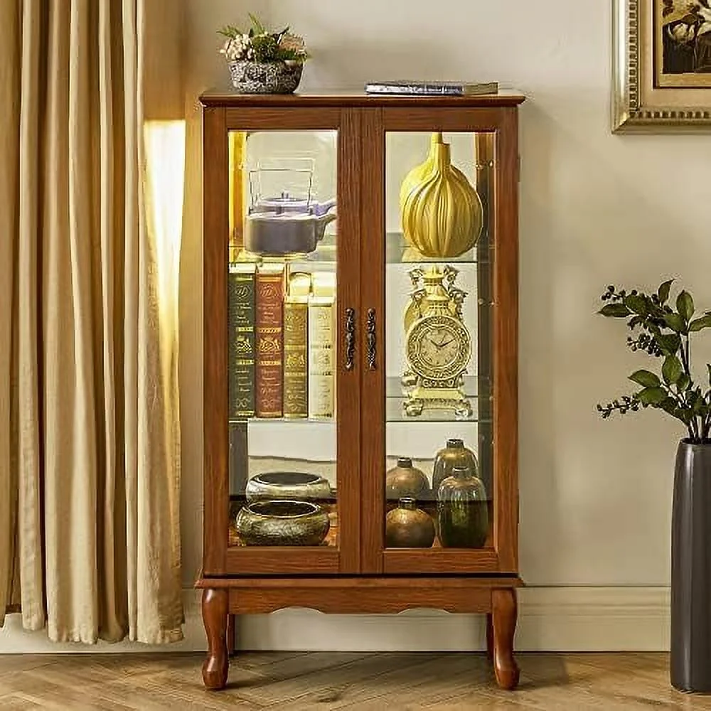 KHBIULIFE 3- Lighted Curio Glass Display Case with 2 Doors Wooden Shelving Unit Cabinet with Adjustable Shelves and Mirrored Back Panel for Living Room Office Bedroom (Oak - Bulbs not Inc