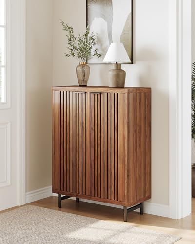 LITTLE TREE 6-Tier Shoe Cabinet with Doors for Up to 24 Pairs, Large Wooden Shoe Storage Cabinet with Adjustable Shelves, Retro Freestanding Shoe Organizer Cabinet for Entryway, Hallway, Dark Walnut