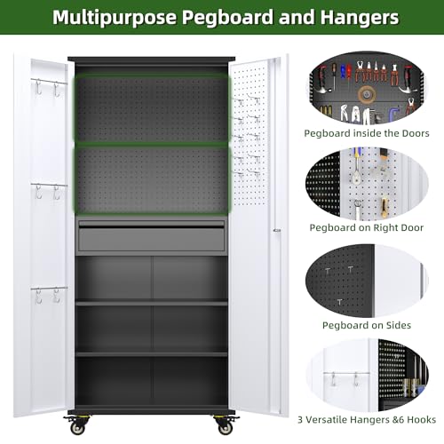 Aobabo 71" H×34" W×18" D Garage Metal Storage Cabinet with Wheels, Locking Steel Storage Cabinet with 5 Shelves and 4 Hooks, for Home Office, School, Assembly Required, Black Silver
