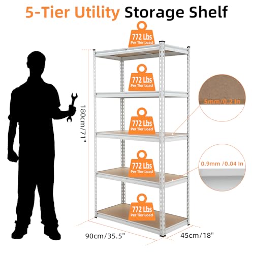 GarveeHome Garage Storage Shelves, 5-Tier Utility Shelves, Adjustable Storage Shelves, Industrial Shelving, Load 3860 Lbs Heavy Duty Storage Shelves for Garage Kitchen Basement Laundry Pantry,Black