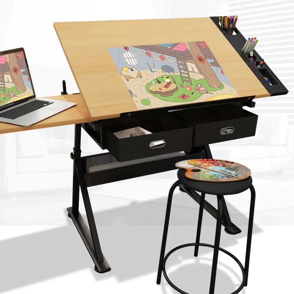 HONGYANG Drafting Desk, Height Adjustable Drawing Desk, Tiltable Craft Table with Storage, Maple Panel Art Desk, for Home Office Drafting Table