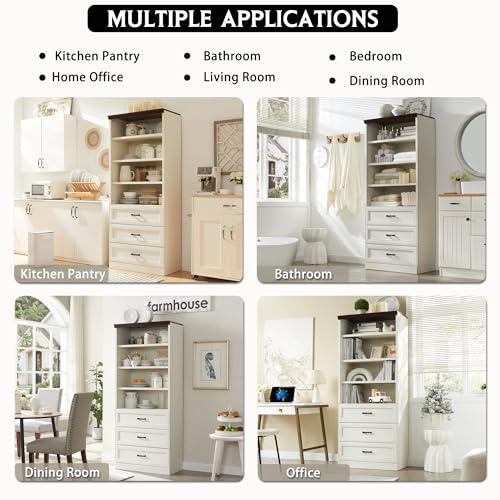 72" Tall Storage Cabinet, Farmhouse Kitchen Pantry with 3 Large Drawers & Adjustable Shelves, Versatile Cupboard for Kitchen, Dining Room, Bathroom, Antique White