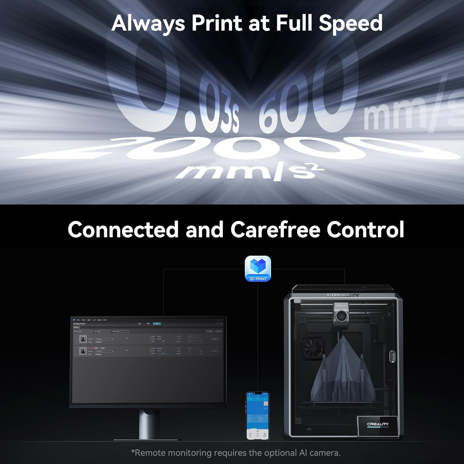 Official Creality K1 Speedy 3D Printer Bundle with AI Camera - Experience 600mm/s High-Speed Printing with Advanced Monitoring and Filming Capabilities!