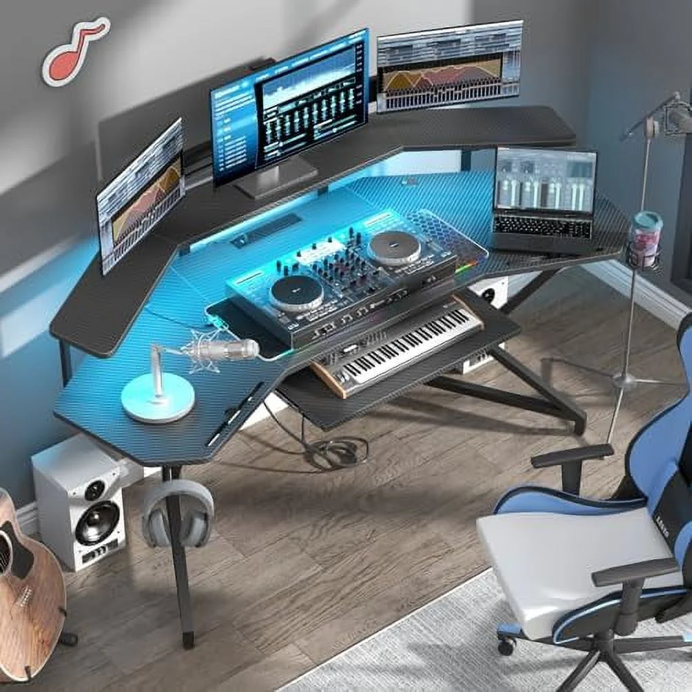 HJZBNONE 72" Gaming Desk with Power Outlet &amp; Led Strip  Large Wing-Shaped Computer Desk w Monitor Stand &amp; Keyboard Tray &amp; RGB Mouse Pad  Studio Desk w   Headphone Hook Cup