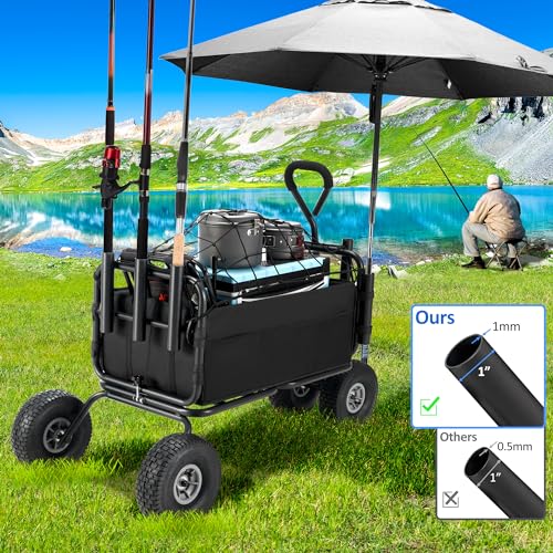 AHB Fishing Cart 550lbs Beach Wagon Cart, Heavy Duty Foldable Cart with All Terrain Big Wheels, Collapsible Wagon with 5 Rod Holders, Umbrella Holder and Cargo Net (Black)