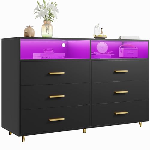 EnHomee Dresser for Bedroom, Black Dresser & Chests of Drawers, 6 Drawer Dressers with LED, Wood Dresser，Bedroom Dresser with Large Organizer，Modern Dresser Bedroom Furniture for Bedroom Closet