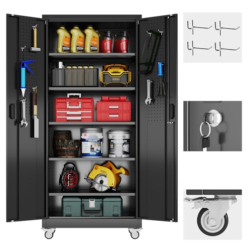 73" H Metal Storage Cabinet with Wheels, Garage Storage Cabinet with 4 Adjustable Shelves and Lockable Doors for Garage Home Office Utility Room,Required Assembly,Black