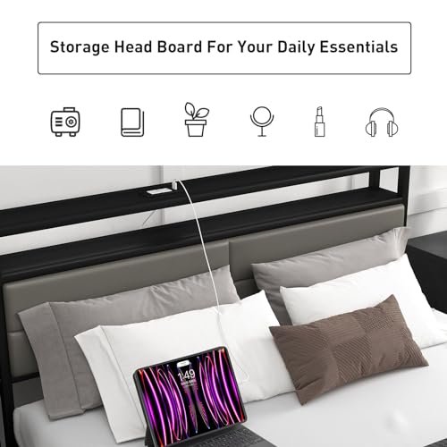 Bonzy Home Full Size Bed Frame with 4 Storage Drawers and USB Port, Platform Bed Frame with Lights, Strong Metal Slats Support, No Box Spring, Non-Noise, Mattress Foundation, Grey