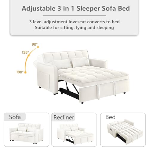 3 in 1 Convertible Sleeper Sofa Bed,Futon Loveseat Couch with Pull-Out Bed & Adjustable Backrest,Velvet Fabric Sofa with Side Pocket for Small Apartment, Living Room, Office (Black)