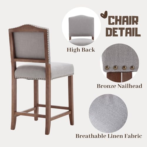 Faux Leather Counter Height Bar Stools Set of 4 Upholstered White Counter Stools 26 Inch Modern Stool Chair with Backs, Nailhead Decoration