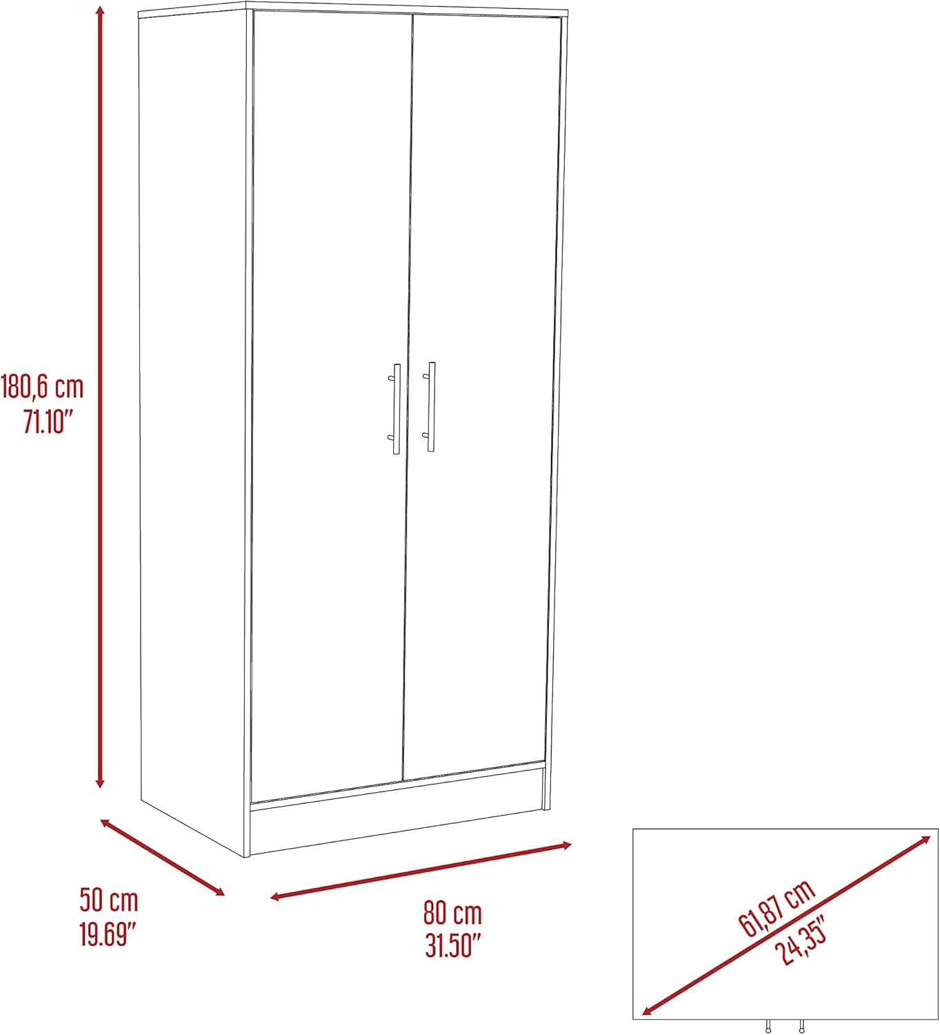 Darwin 180 Armoire with Double Doors, Metal Rod, Top Shelf, and Drawer, White
