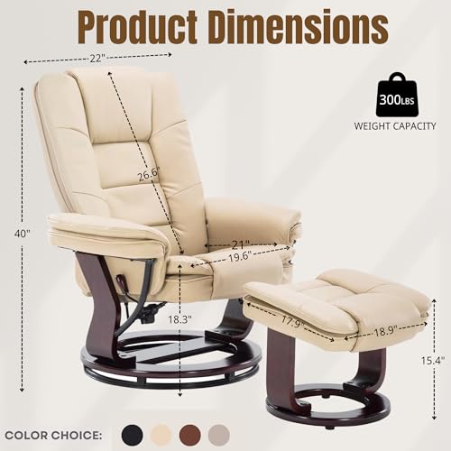 JC Home Argus Swivel Recliner with Ottoman, PU Leather & Wood Base Reclining Chair with Footrest, Ultra-Plush Double Foam for Living Room, Bedroom and Office