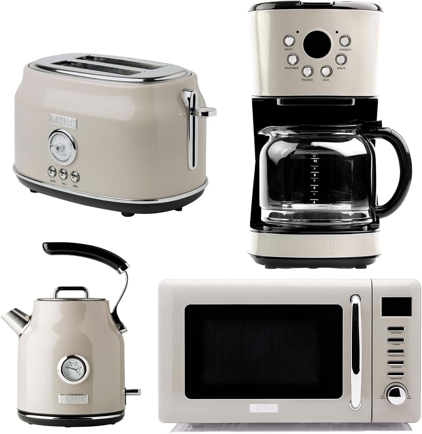 Haden Retro Style Stainless Steel Dorset Toaster, Electric Kettle, 12 Cup Coffee Maker, and 0.7 Cubic Foot Microwave Appliance Set, Putty Beige