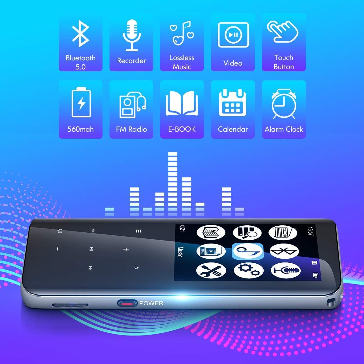 32GB Mp3 Player with Bluetooth 5.0 - Portable Digital Lossless Music Player for Walking Running,Super Light Metal Shell Touch Buttons with TF Card Expansion, Pack of 2