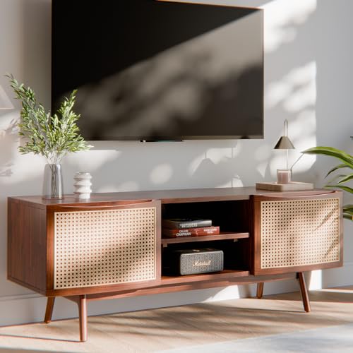 Bme Nancy Solid Acacia Wood Coffee Table for Living Room, Spacious Oval-Shaped 237 Lbs Top Capacity, Rattan Shelf Below, Mid Century, Rustic and Modern Style Living Room Furniture, Dark Chocolate