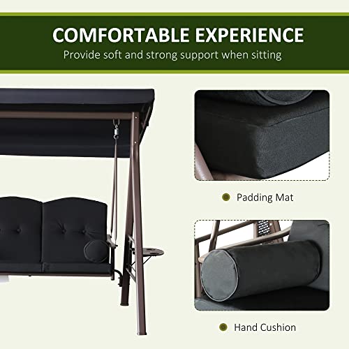 Outsunny 3-Seat Patio Swing Chair, Outdoor Porch Swing Glider with Adjustable Canopy, Removable Cushion, Pillows and Side Trays, for Garden, Poolside, Backyard, Brown