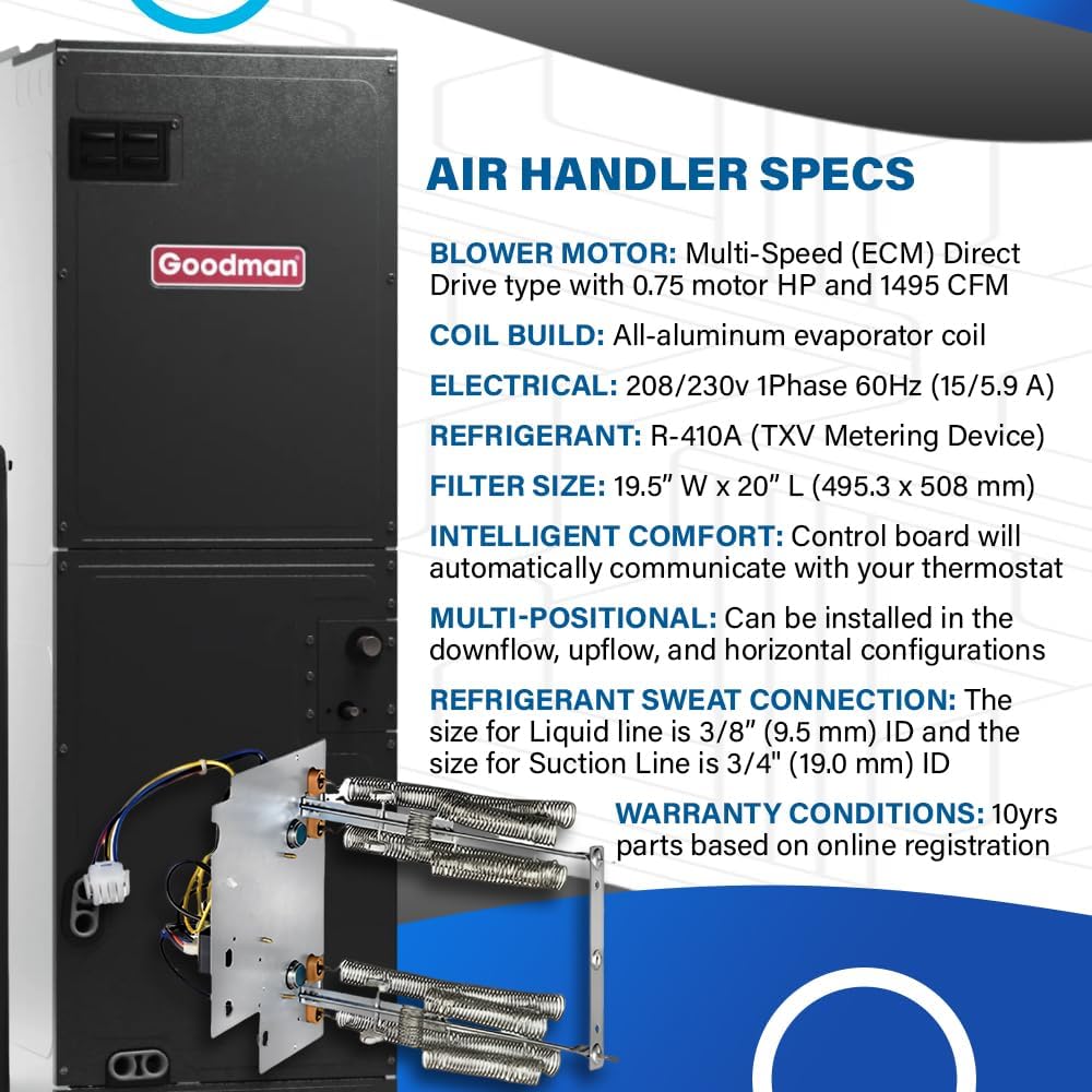 Goodman 14.5 SEER2 3.5 Ton 10kW Heat Pump Split System | Downflow, Upflow, or Horizontal Air Electric Handler with Thermostat and 30' Install Kit | Backup Heat Kit, Single Stage Condenser