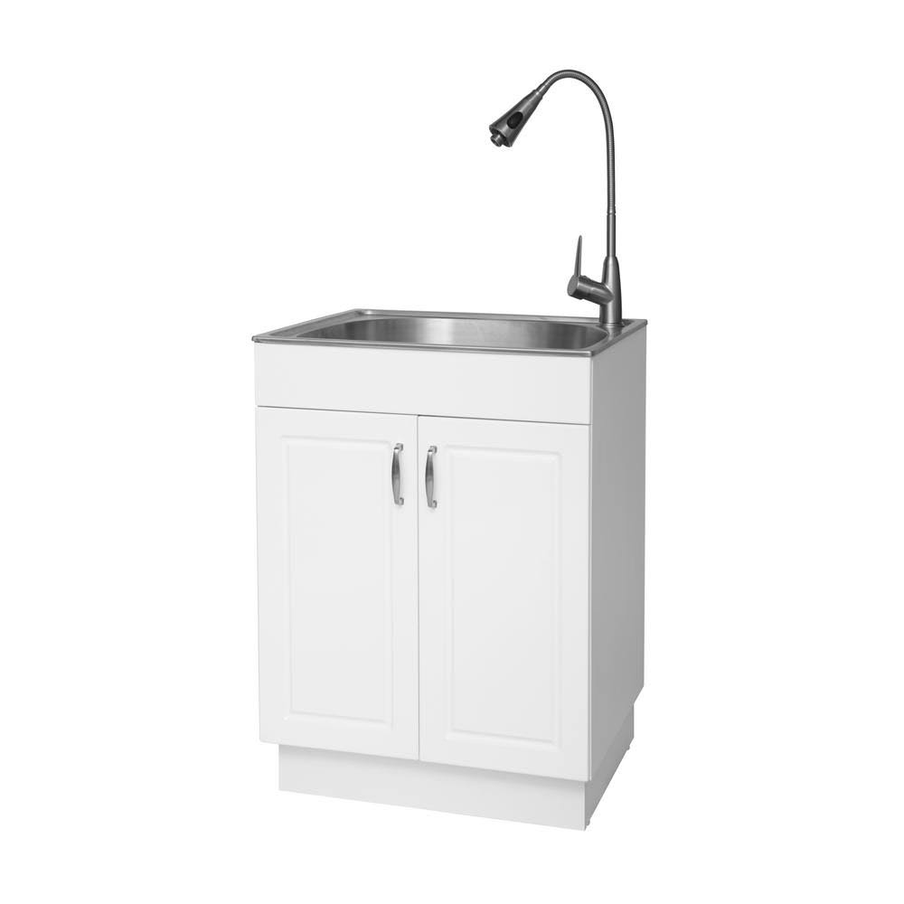 Glacier Bay All-in-One 24.2 in. x 21.3 in. x 33.8 in. Stainless Steel Laundry Sink with Faucet and Storage Cabinet, High Gloss P