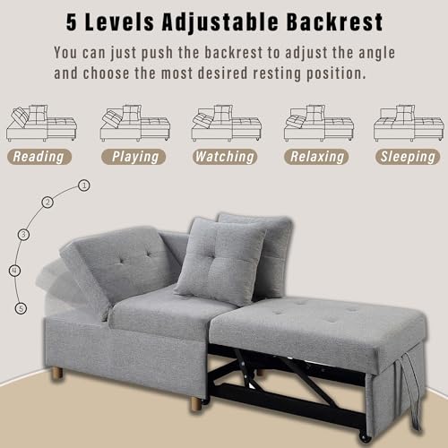 Pull Out Sleeper Sofa Bed Chair 4-in-1 Convertible Chair Bed, Linen Fabric loveseat Sofa with 2 Throw Pillow, Single Recliner for Small Space with 5 Adjustable Backrest, (Light Gray)