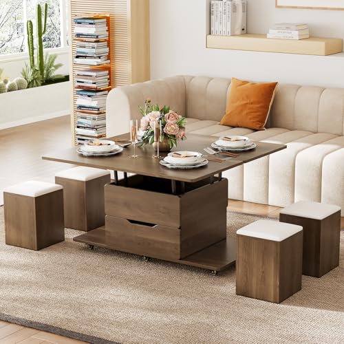 homary Black Lift-Top Coffee Table with Hidden Storage, 3-in-1 Modern Folding Center Table with 4 Stools, Casters, and Lockable Wheels – Convertible Dining & Office Table for Living Room