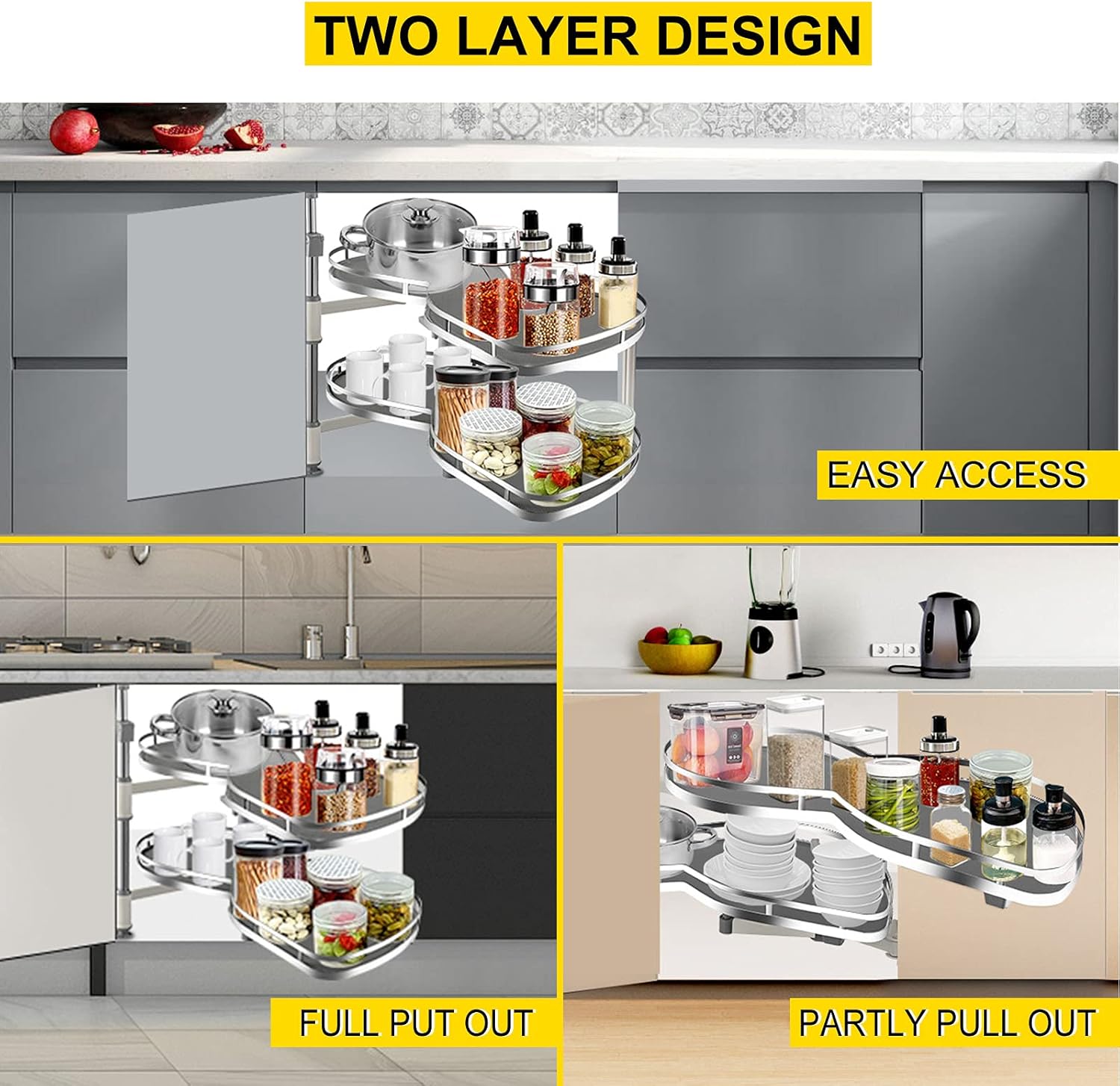 VEVOR Swing Left Blind Corner Cabinet Pull Out for 36 inch Cabinet, 2 Tier Swing Tray Blind Kitchen Cabinet, Soft Close Cloud Blind Organizer for Right Handed Open Blind Corner Cabinet