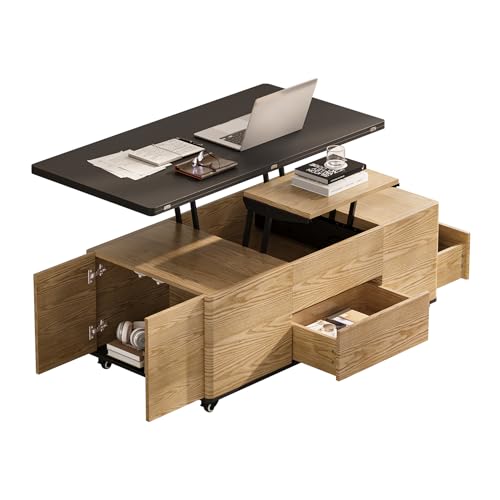homary Black Lift-Top Coffee Table with Hidden Storage, 3-in-1 Modern Folding Center Table with 4 Stools, Casters, and Lockable Wheels – Convertible Dining & Office Table for Living Room