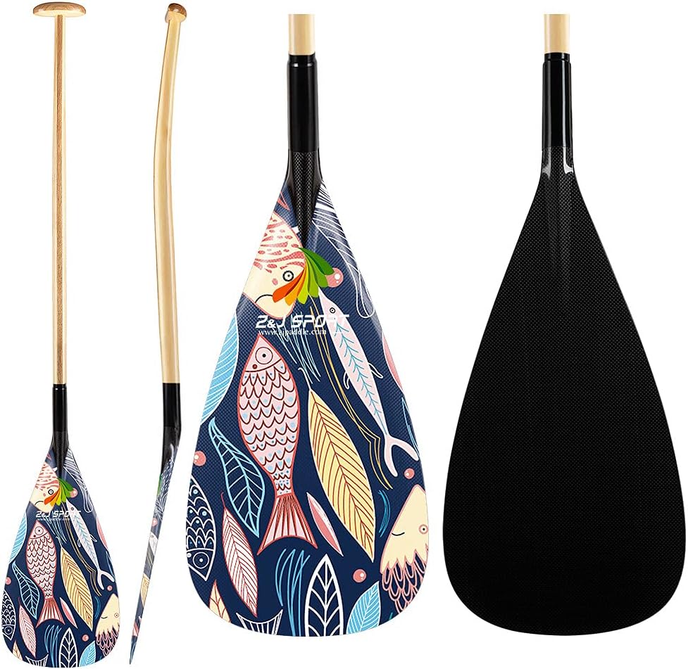 Z&J SPORT Outrigger Canoe Paddle, Tahiti Hybrid OC Paddle with Graphics Carbon Blade and Wood Bent Shaft 12 Degree