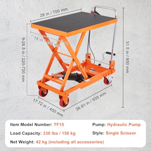 VEVOR Electric Lift Table, 330 lbs Capacity Single Scissor Lift Table, 8-28 in Height Adjustable Lifting Platform, Coffee Table Lift with 4 Wheels, for Material Handling and Transportation, Black