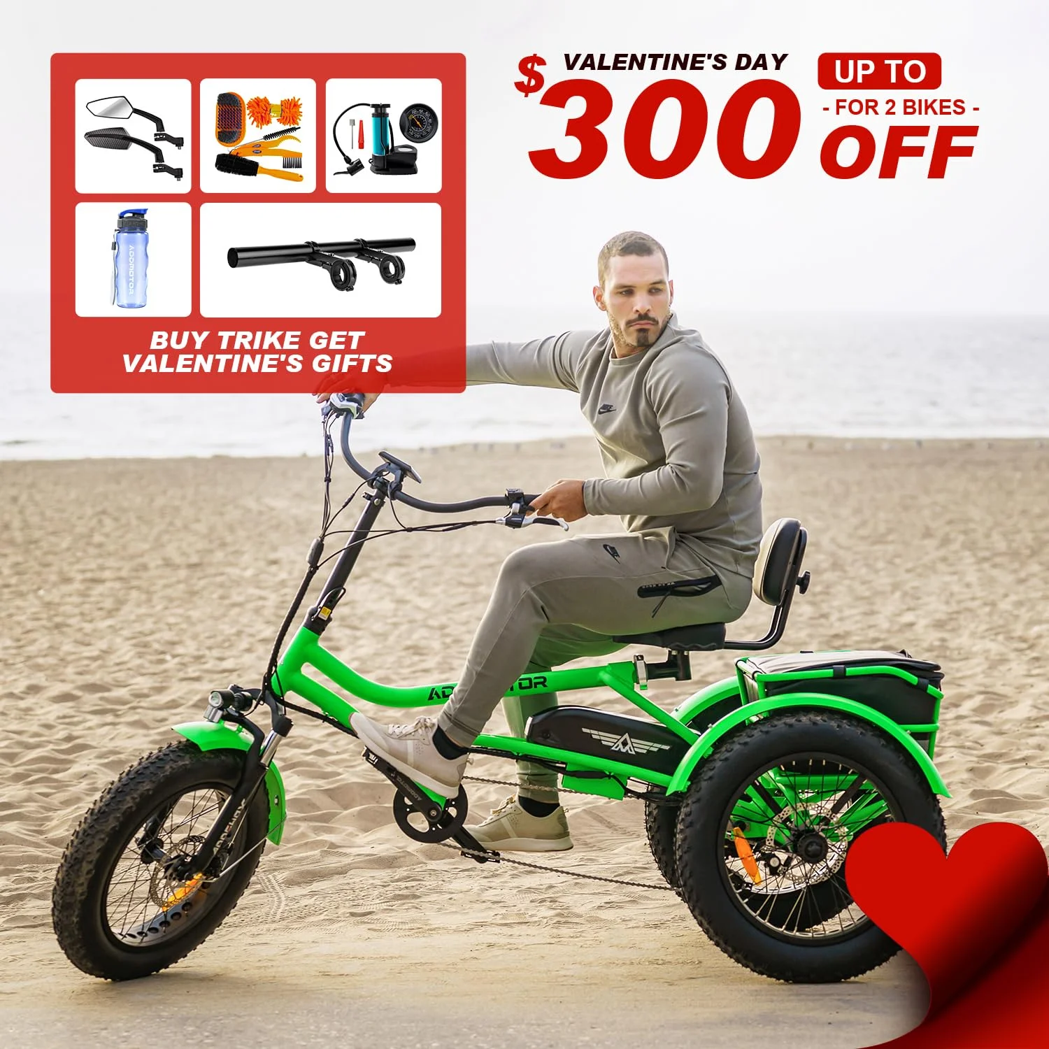 Addmotor M-360II Semi-Recumbent Electric Trike, 85MI, Fat Tire 3 Wheel Electric Bike for Adults, 750W 48V 20Ah Electric Tricycle for Seniors, 20" Electric Trike with Speed Differential, Green