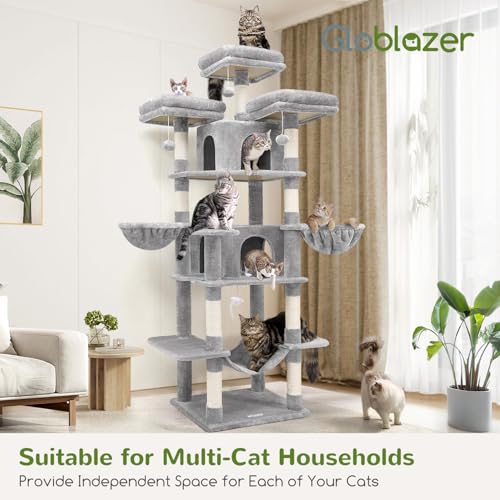 Globlazer Big Cat Tower for Indoor Cats, 80inch Cat Tower for Multiple Adult Cats XXL Cat Tree with Scratching Post, Hammock, 3 Perches, 2 Condos, 2 Hanging Basket, F80, Light Grey