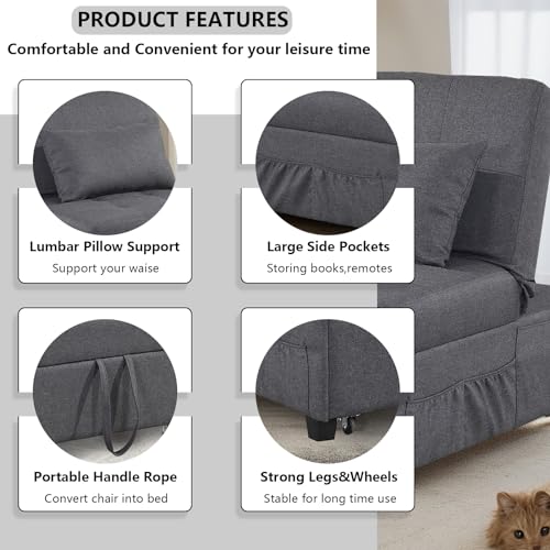 Convertible Sofa Bed, 4-in-1 Sleeper Chair Bed Adjustable Recliner Sofa, Pull Out Folding Lounger Sleeper Couch Bed with Pillow for Living Room, Bedroom and Small Space (Dark Gray)