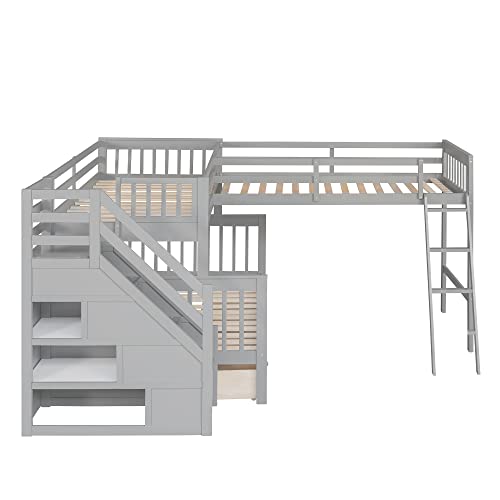 Twin Over Full L-Shaped Wooden Bunk Bed with Storage Drawers, Ladder and Staircase, Triple Bunk Bed Frame for 3 Kids Teens Adults, Gray