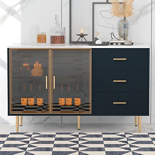Sideboard Storage Cabinet, Modern 60'' Sideboard Large Storage Buffet Cabinet, Console Table Buffet Cabinet with Gold Metal Legs and Tempered Glass Doors for Living Room Kitchen Entryway (White)