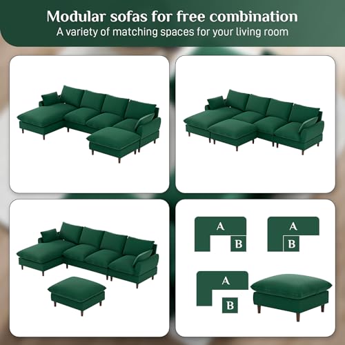 U Shaped Sectional Sofa Cloud Couch for Living Room, 112" Comfy Modular Deep Seat Couches, Oversized Fluffy Modern Chenille 6-Seater Sofa with Lounge Chaise Ottoman, Cream White