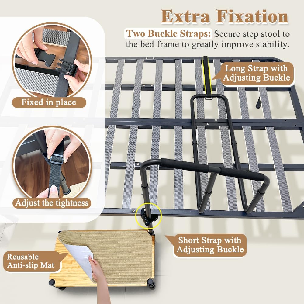 Zelen Bed Steps for High Beds for Adults Bed Assist Rail with Step Seniors Elderly Bed Step Stool with Handle for Seniors Bedside Foot Stools Medical Step Platform Heavy Duty with Straps
