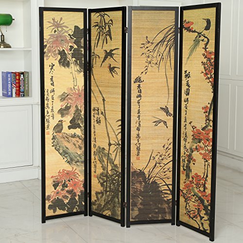 MyGift 4-Panel Folding Bamboo Room Divider Asian-Inspired Cherry Blossom Scene, 6 FT Freestanding Floral Artwork Room Partitioner with Beige Wood Frame