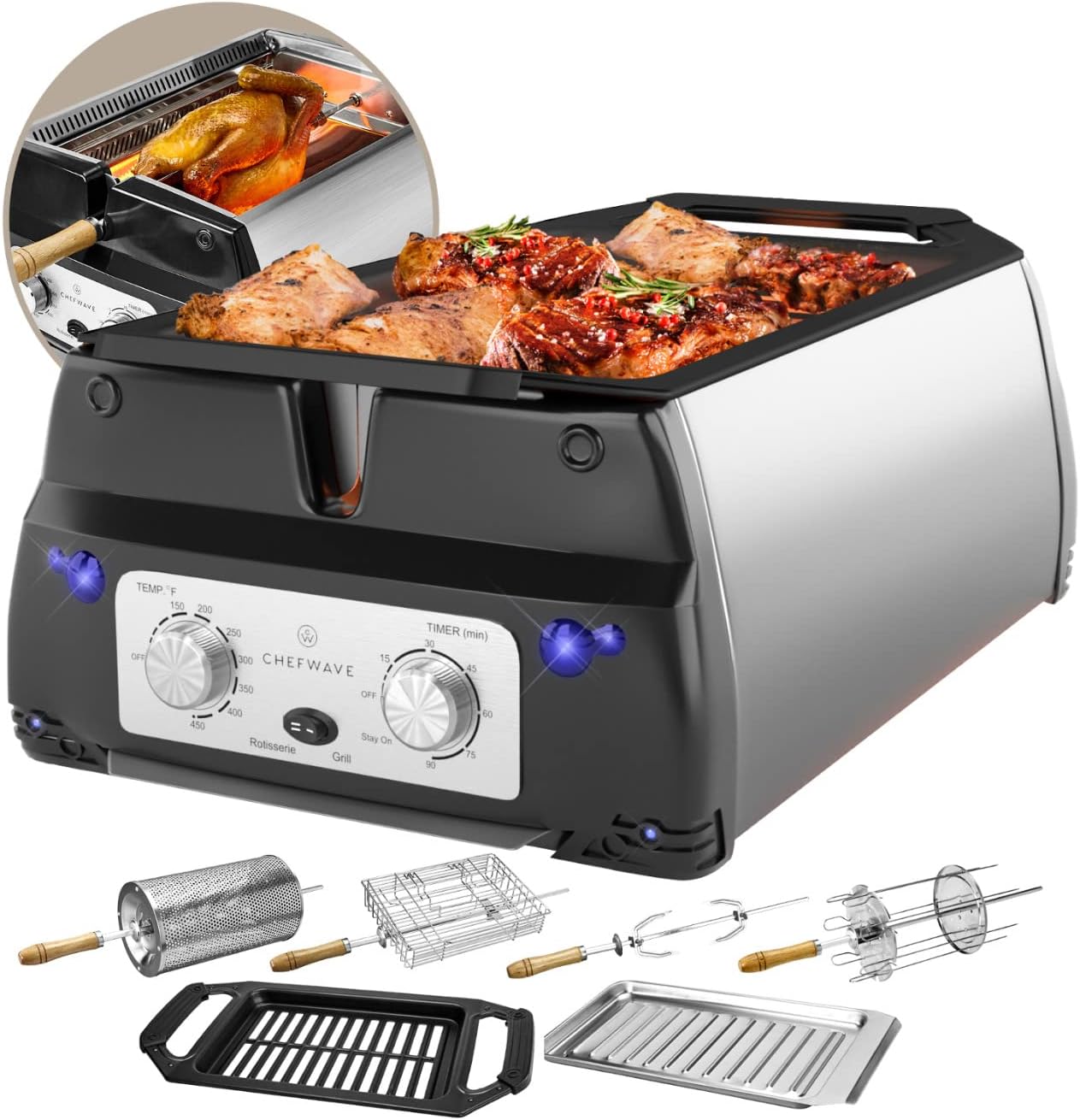 ChefWave Sosaku Smokeless Indoor Grill George Foreman Grill Removeable Plates Non-Stick Korean BBQ Electric Grill Indoor with Infrared Technology - Kebab Set, Fries Basket & Fish Cage, Rotisserie