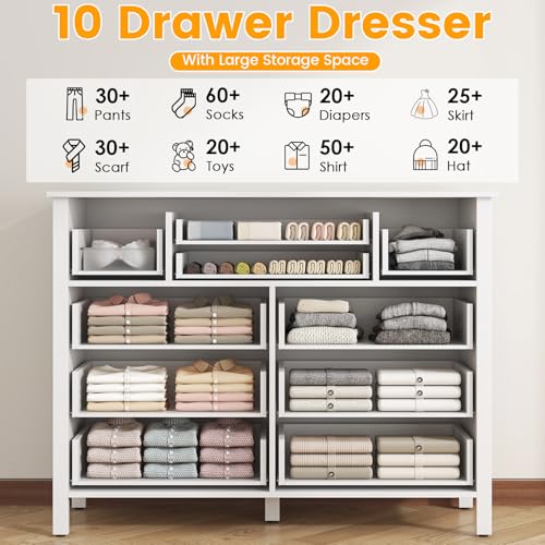 10 Drawer Large Black Dresser for Bedroom, 47.2" Long Chest of Drawers with Deep Drawers, Modern Wooden Storage Dresser for Closet, 36.2" Tall TV Stand for Living Room, Hallway, Entryway